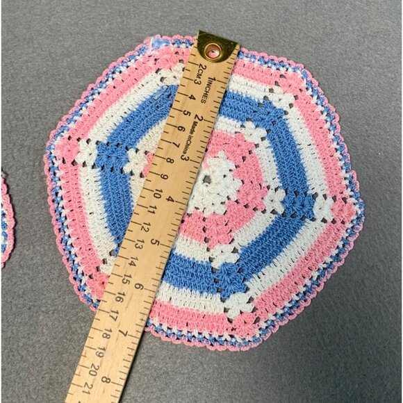 Handmade Crochet Doilies Set of 2 Rainbow Hexagon Pink Blue White 7" Diameter - Picture 7 of 8